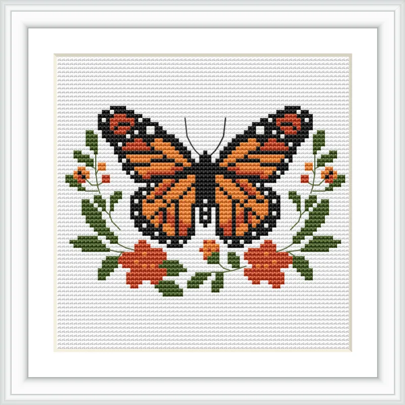 A monarch butterfly is centrally placed with its wings spread. It's surrounded by blooming flowers and green leaves, all set against a simple white background.