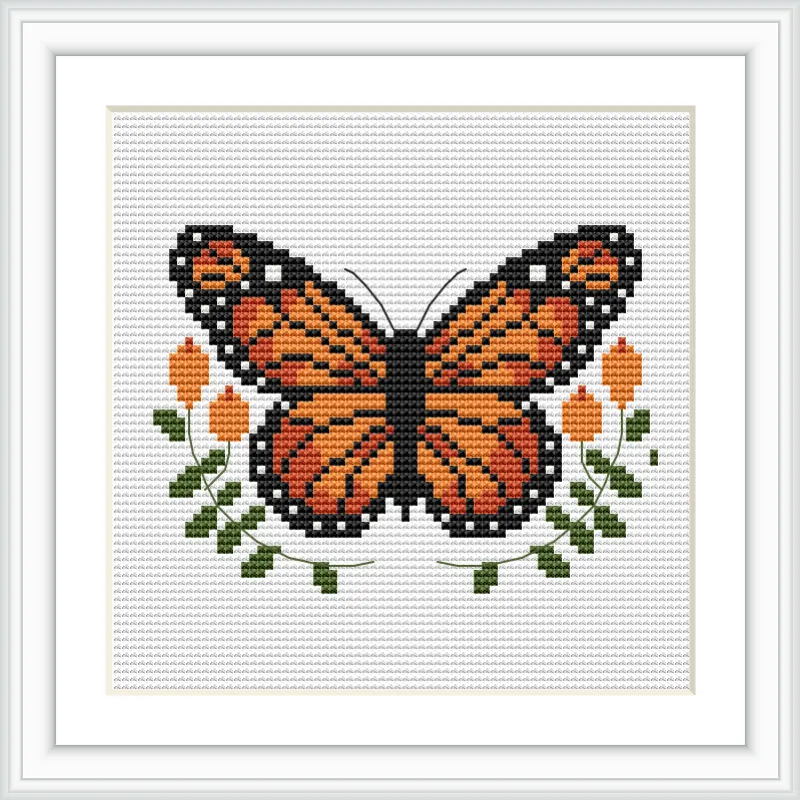 The image features a large, detailed Monarch butterfly with vivid orange and black patterns, surrounded by small orange flowers and green leaves.