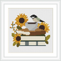 The image features a small bird perched on a stack of two books, surrounded by sunflowers. The books and flowers are arranged neatly, with the bird sitting on top of one flower. The scene is simple and cozy.