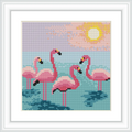 The image features five pink flamingos standing in calm water. The background is a serene sunset with a bright sun, soft clouds, and a tranquil sky.
