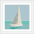 A single sailboat with a grey and white sail is shown on calm turquoise water with a pale blue sky in the background.