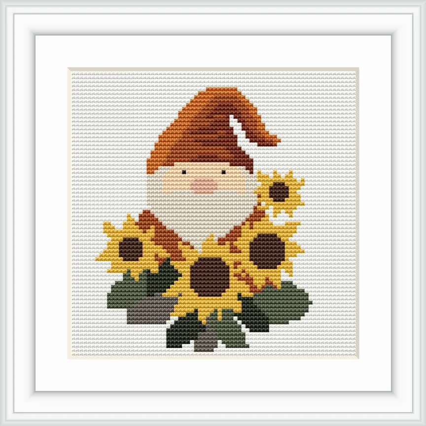 The image shows a gnome with a pointed hat standing amidst five large sunflowers. The gnome is centrally located with sunflowers surrounding it, adding a whimsical, garden-like feel.