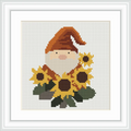 The image shows a gnome with a pointed hat standing amidst five large sunflowers. The gnome is centrally located with sunflowers surrounding it, adding a whimsical, garden-like feel.