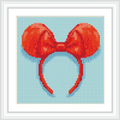 The image displays a red bow with round ears, reminiscent of a famous cartoon mouse, set against a light blue background.