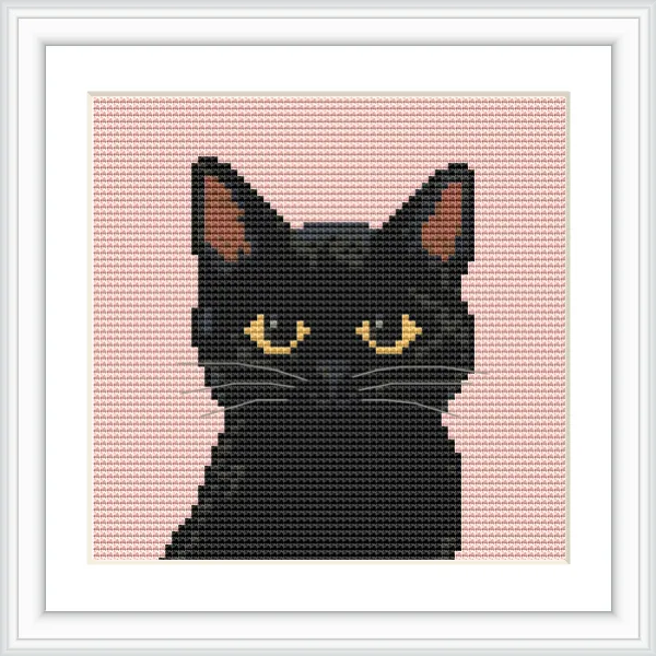 A black cat sits centered on a soft pink background, with its yellow eyes looking directly forward.