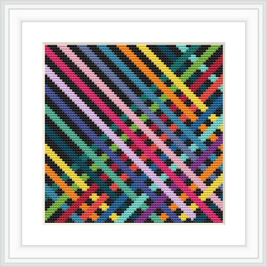The image features diagonal lines in a variety of colors crisscrossing the frame against a black background, creating an intricate geometric pattern.