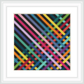 The image features diagonal lines in a variety of colors crisscrossing the frame against a black background, creating an intricate geometric pattern.