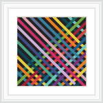 The image features diagonal lines in a variety of colors crisscrossing the frame against a black background, creating an intricate geometric pattern.