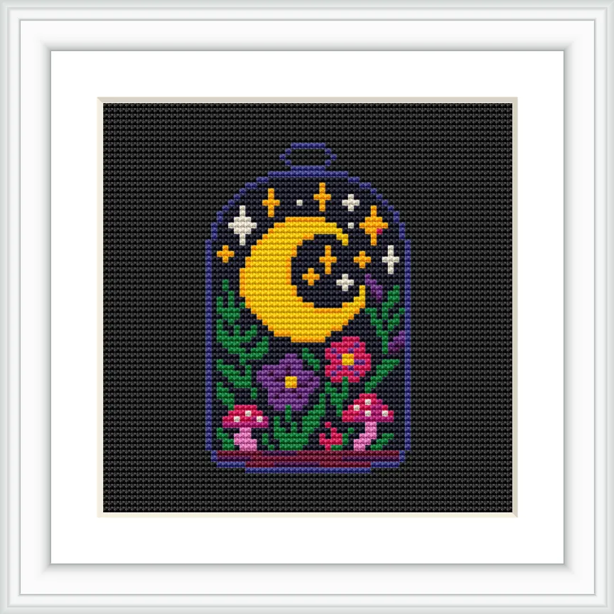 A cross stitch pattern depicting a crescent moon with stars in a glass dome. Below, there are colorful flowers and mushrooms against a dark background.