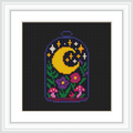 A cross stitch pattern depicting a crescent moon with stars in a glass dome. Below, there are colorful flowers and mushrooms against a dark background.