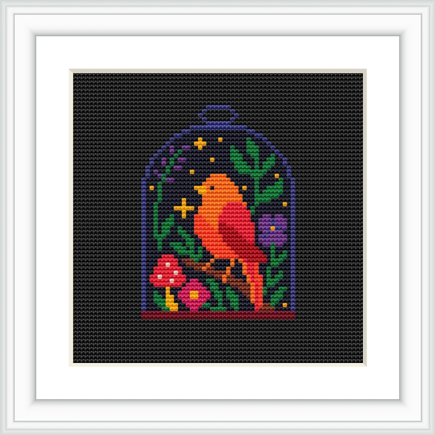 A red bird perched inside a bell jar, surrounded by green leaves, vibrant mushrooms, and small stars on a dark background.