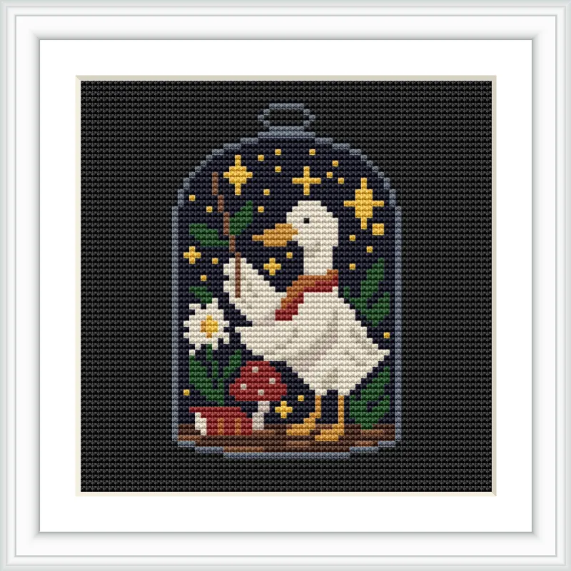 A white duck holding a wand is positioned inside a glass terrarium. Surrounding the duck are stars, mushrooms, a daisy, and green leaves, all set against a dark blue background.