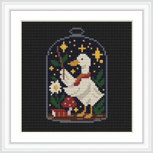 A white duck holding a wand is positioned inside a glass terrarium. Surrounding the duck are stars, mushrooms, a daisy, and green leaves, all set against a dark blue background.