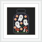 The image shows a mason jar containing three small, white ghosts. Surrounding the ghosts are pink flowers and red-capped mushrooms. The background is black, enhancing the focus on the central imagery.