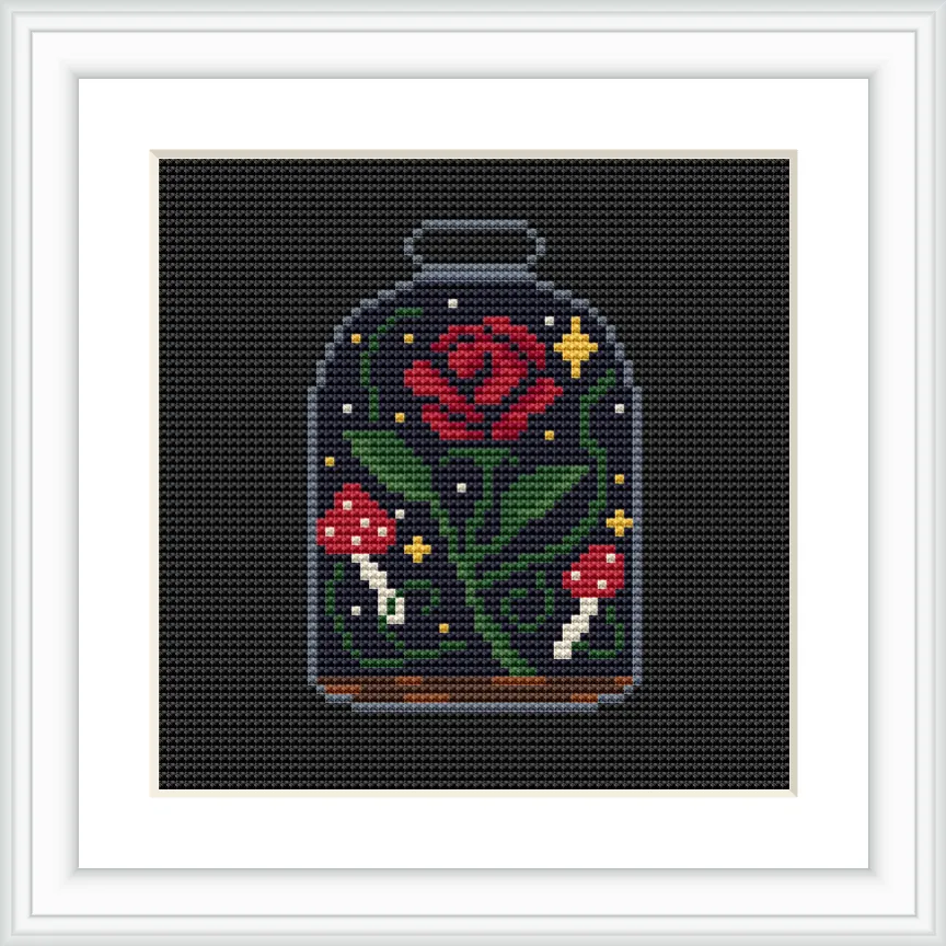 The image displays a red rose with green leaves encapsulated in a glass jar. Surrounding the rose are small glowing stars and a couple of red mushrooms with white spots, placed on a dark background.