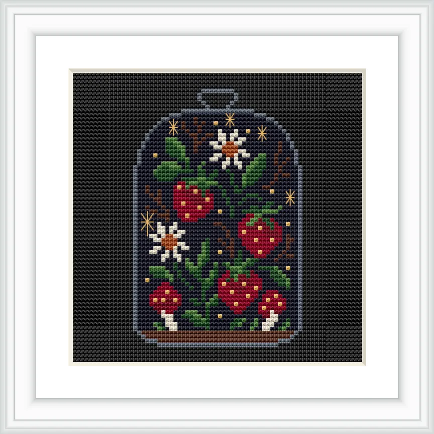 The image features strawberries with flowers and leaves enclosed under a transparent bell jar, set against a dark background with star-like sparkles.
