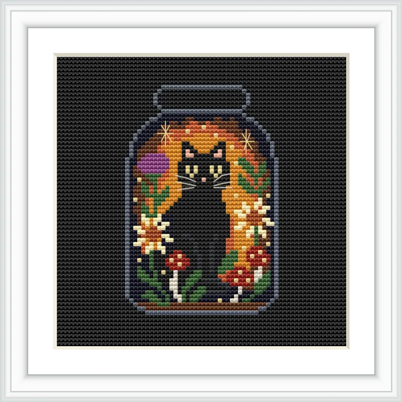 A black cat is sitting inside a jar surrounded by various colorful flowers and stars. The background is a warm orange color which enhances the magical feel.