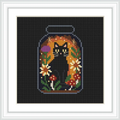 A black cat is sitting inside a jar surrounded by various colorful flowers and stars. The background is a warm orange color which enhances the magical feel.