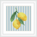 The image depicts two yellow lemons with green leaves against a background of vertical blue and white stripes. The lemons are positioned towards the center.