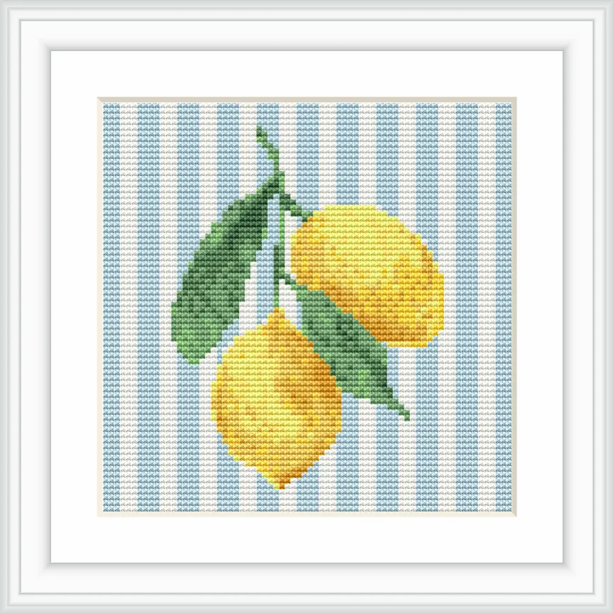 The image depicts two yellow lemons with green leaves against a background of vertical blue and white stripes. The lemons are positioned towards the center.