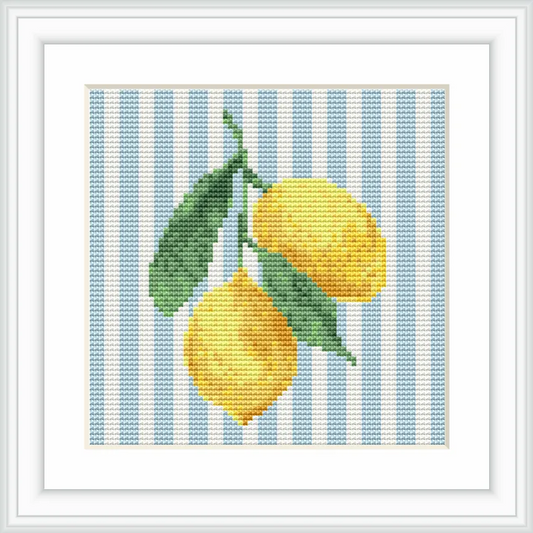 The image depicts two yellow lemons with green leaves against a background of vertical blue and white stripes. The lemons are positioned towards the center.