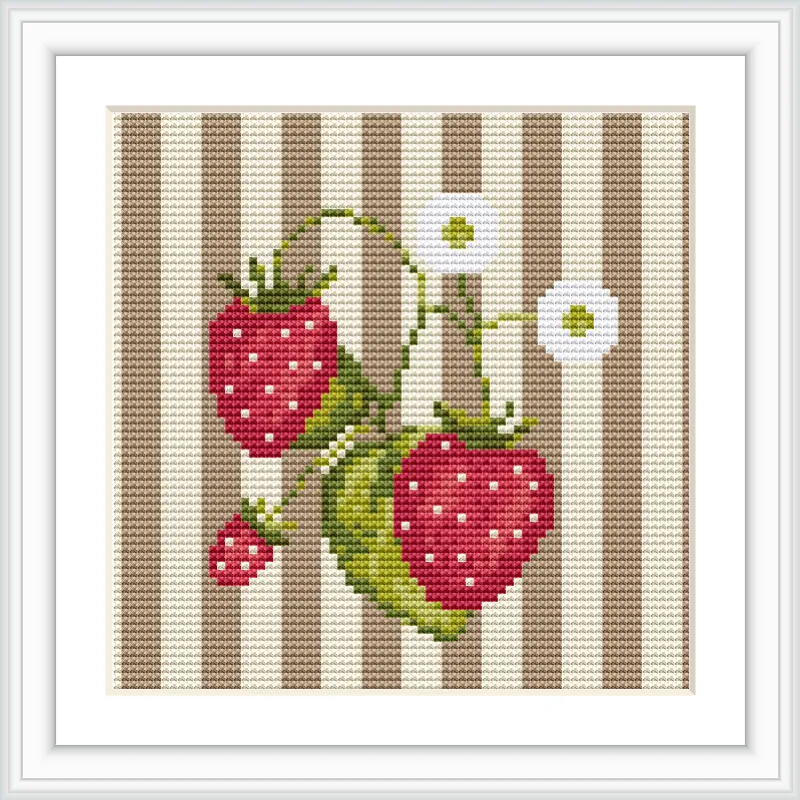 The image features three red strawberries with green leaves and two small white flowers, set against a background of beige and white vertical stripes.