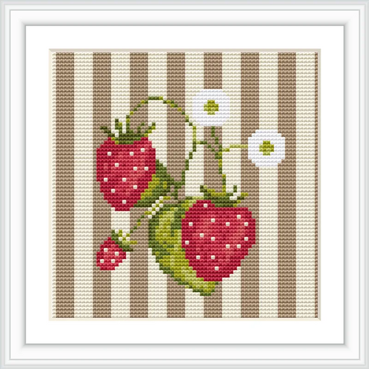 The image features three red strawberries with green leaves and two small white flowers, set against a background of beige and white vertical stripes.