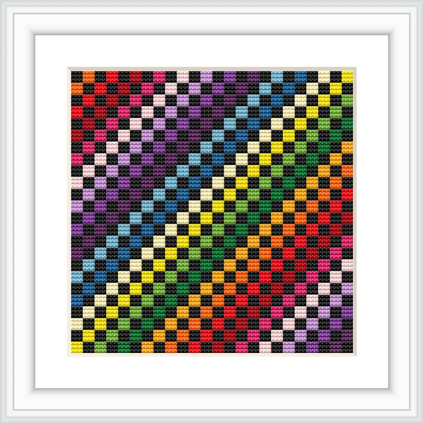 The image features a cross stitch design composed of geometric squares arranged in diagonal rows. Each row showcases a gradual transition of colors forming a rainbow effect. The entire pattern is enclosed in a white frame.