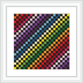 The image features a cross stitch design composed of geometric squares arranged in diagonal rows. Each row showcases a gradual transition of colors forming a rainbow effect. The entire pattern is enclosed in a white frame.
