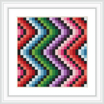 The image depicts a colorful geometric zig zag pattern, symmetrically arranged with vibrant colors such as red, green, purple, pink, and black, creating a striking visual effect.