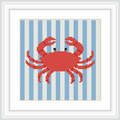 The image features a red crab centered on a background of alternating blue and white vertical stripes, framed in a simple white frame.