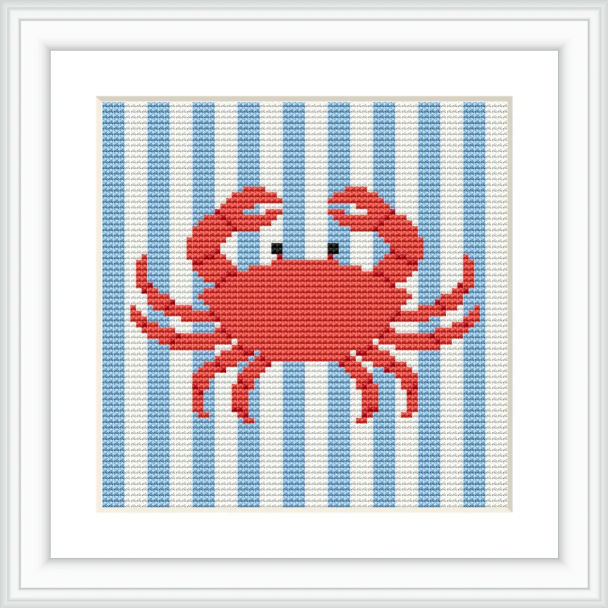 The image features a red crab centered on a background of alternating blue and white vertical stripes, framed in a simple white frame.