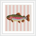 The image features a colorful fish with a striped pattern, situated in the center, framed by soft, vertical pink stripes.