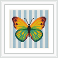 A colorfully detailed butterfly is set against a background of vertical blue stripes. The butterfly is positioned centrally, showcasing its vibrant wings.