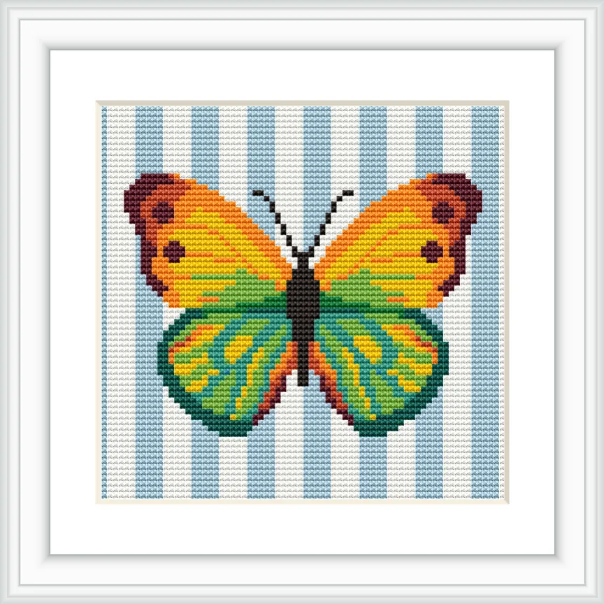 A colorfully detailed butterfly is set against a background of vertical blue stripes. The butterfly is positioned centrally, showcasing its vibrant wings.