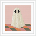 A cute ghost with black eyes is centered on a patterned pastel pink and plaid-like background.