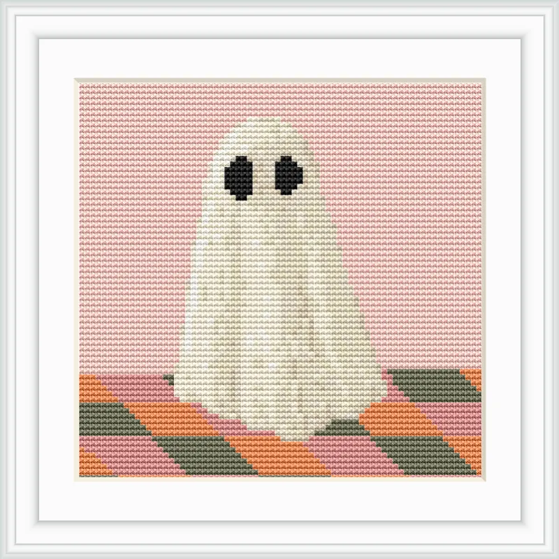 A cute ghost with black eyes is centered on a patterned pastel pink and plaid-like background.