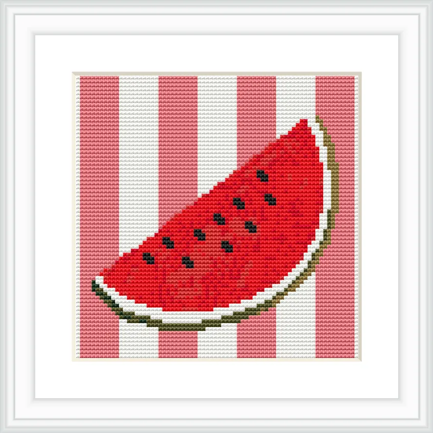 A single slice of watermelon with a red interior and black seeds, outlined by a green rind, set against a background of alternating white and pink vertical stripes.