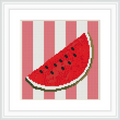 A single slice of watermelon with a red interior and black seeds, outlined by a green rind, set against a background of alternating white and pink vertical stripes.