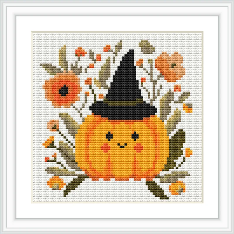 A cute pumpkin with a smiling face and rosy cheeks sits at the center, adorned with a black witch hat. It is surrounded by autumnal flowers and leaves in warm colors.
