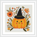 A cute pumpkin with a smiling face and rosy cheeks sits at the center, adorned with a black witch hat. It is surrounded by autumnal flowers and leaves in warm colors.