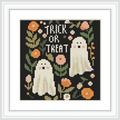 The image displays two cheerful ghosts surrounded by a variety of colorful flowers and leaves. The phrase 'Trick or Treat' is prominently displayed at the top. The ghosts and florals are set against a dark black background.