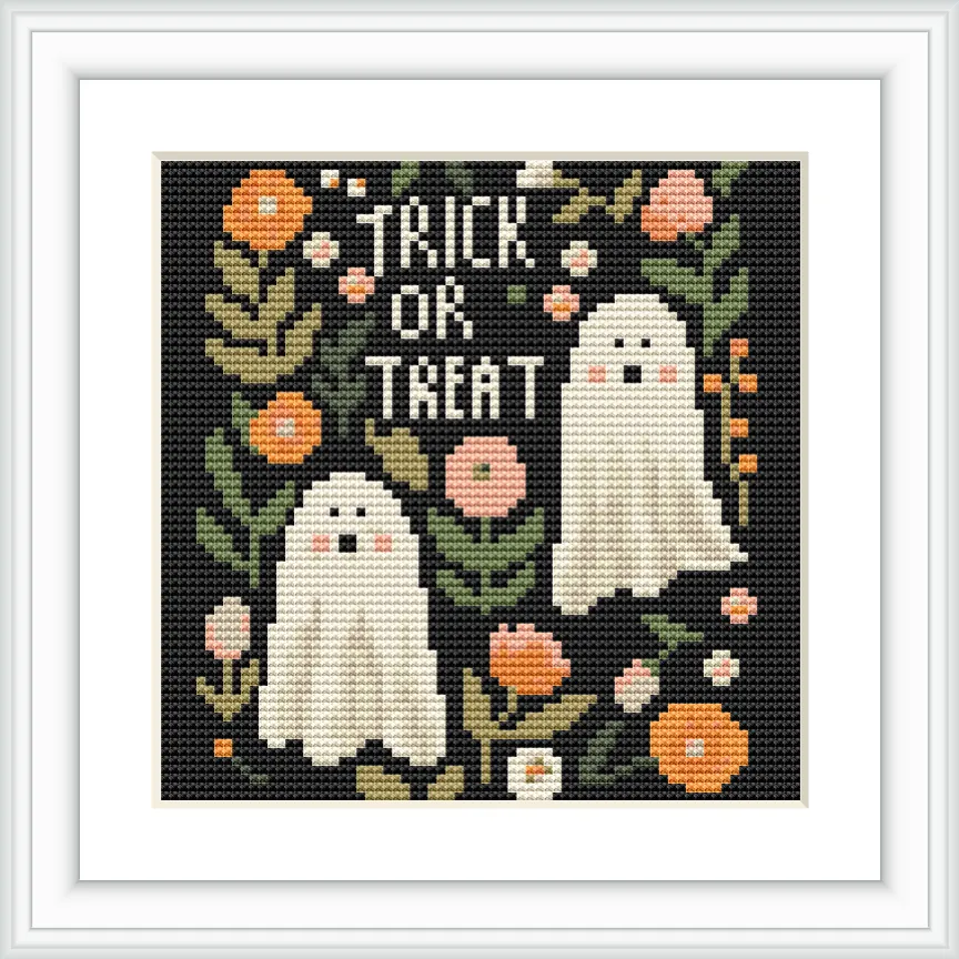 The image displays two cheerful ghosts surrounded by a variety of colorful flowers and leaves. The phrase 'Trick or Treat' is prominently displayed at the top. The ghosts and florals are set against a dark black background.