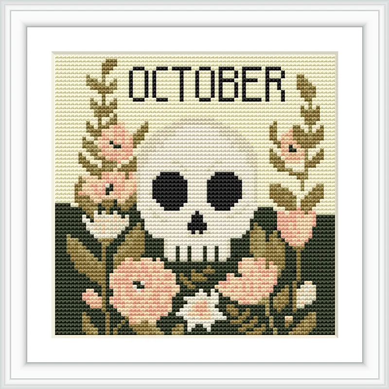 The image depicts a stylized skull placed centrally amidst a symmetrical arrangement of blooming flowers with 'OCTOBER' written above.
