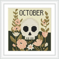 The image depicts a stylized skull placed centrally amidst a symmetrical arrangement of blooming flowers with 'OCTOBER' written above.