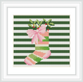 A green Christmas stocking with pink and green stripes, decorated with a pink bow and holly leaves and berries, against a background of horizontal green and white stripes.
