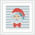 The image features a Santa Claus head with a red hat and blue-white beard. The background is composed of horizontal blue stripes.