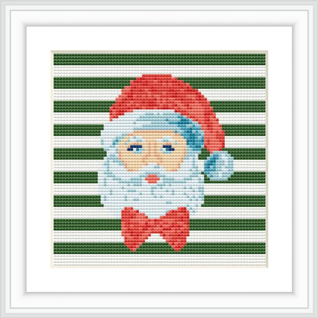 The image features a cross stitch pattern of Santa Claus, with a red hat and white beard, set against a green-and-white striped background.