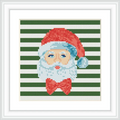 The image features a cross stitch pattern of Santa Claus, with a red hat and white beard, set against a green-and-white striped background.