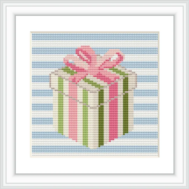The image features a gift box with pink and green vertical stripes, topped with a pink ribbon and bow. The background consists of blue and white horizontal stripes.